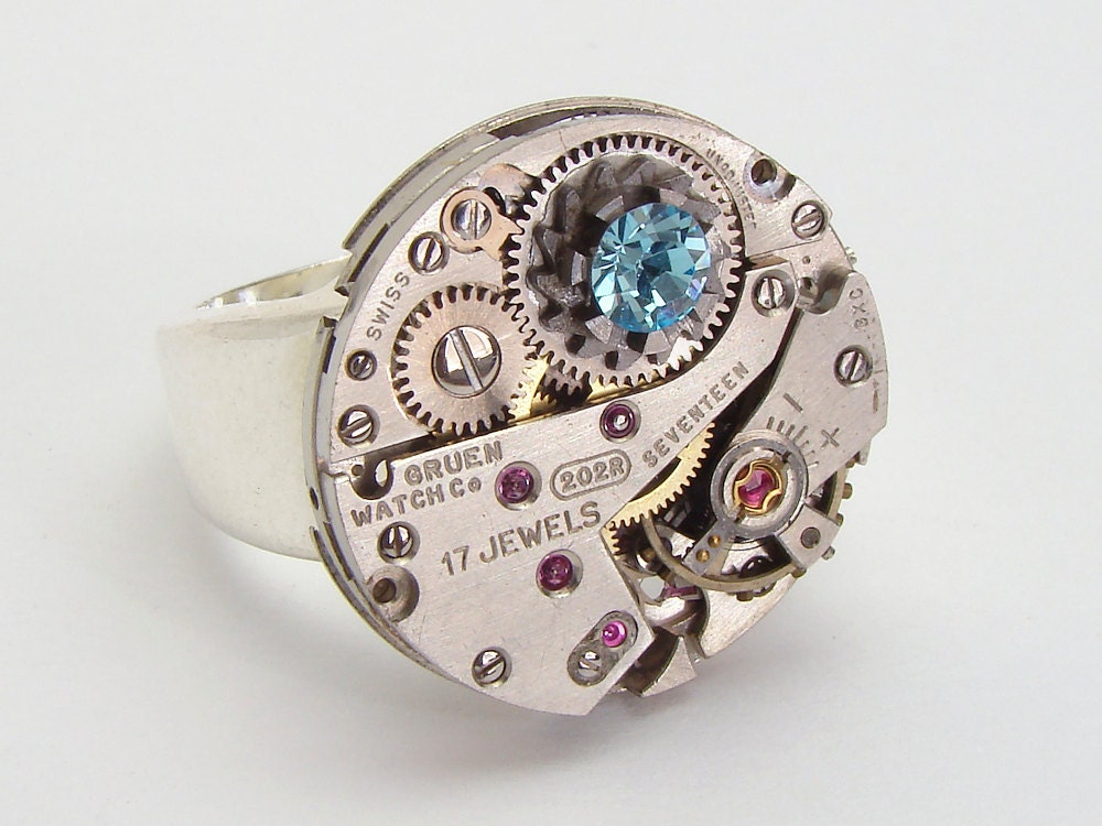 Steampunk Ring vintage watch movement gears aquamarine blue crystal neo victorian wide silver band watch jewelry by Steampunk Nation 1576