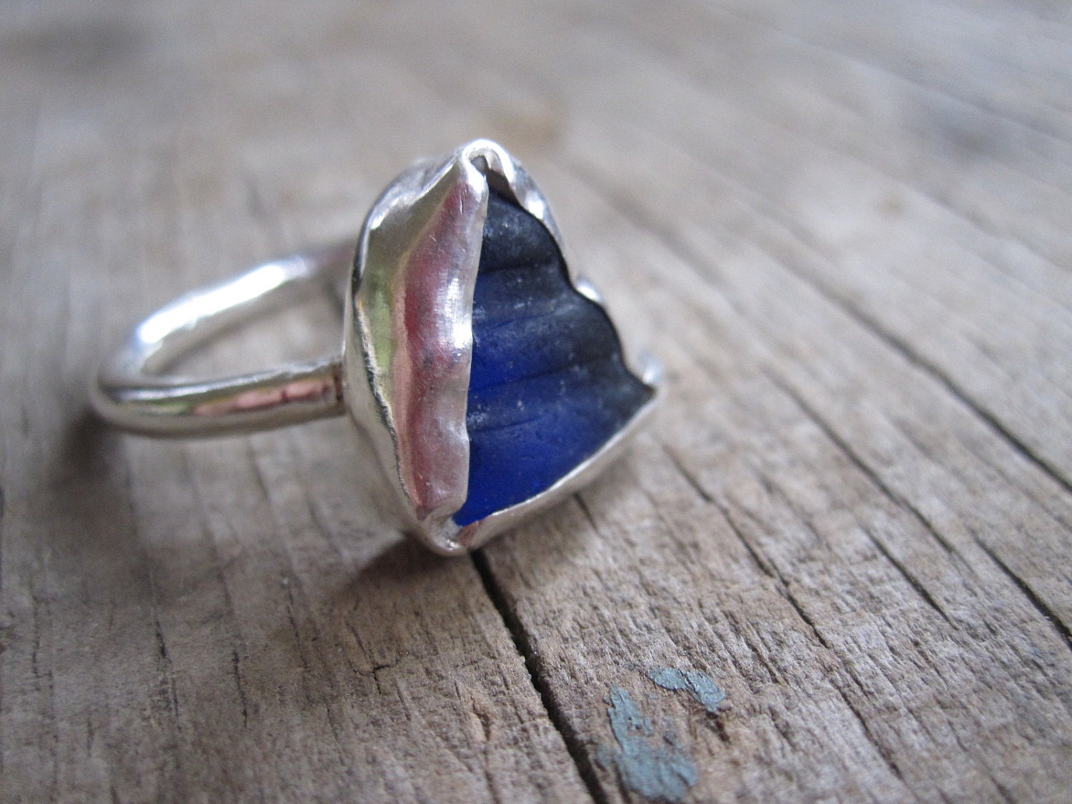 Cobalt Seaglass & Sterling Ring Handmade etsy metal jewelry - JudithGayleDesigns