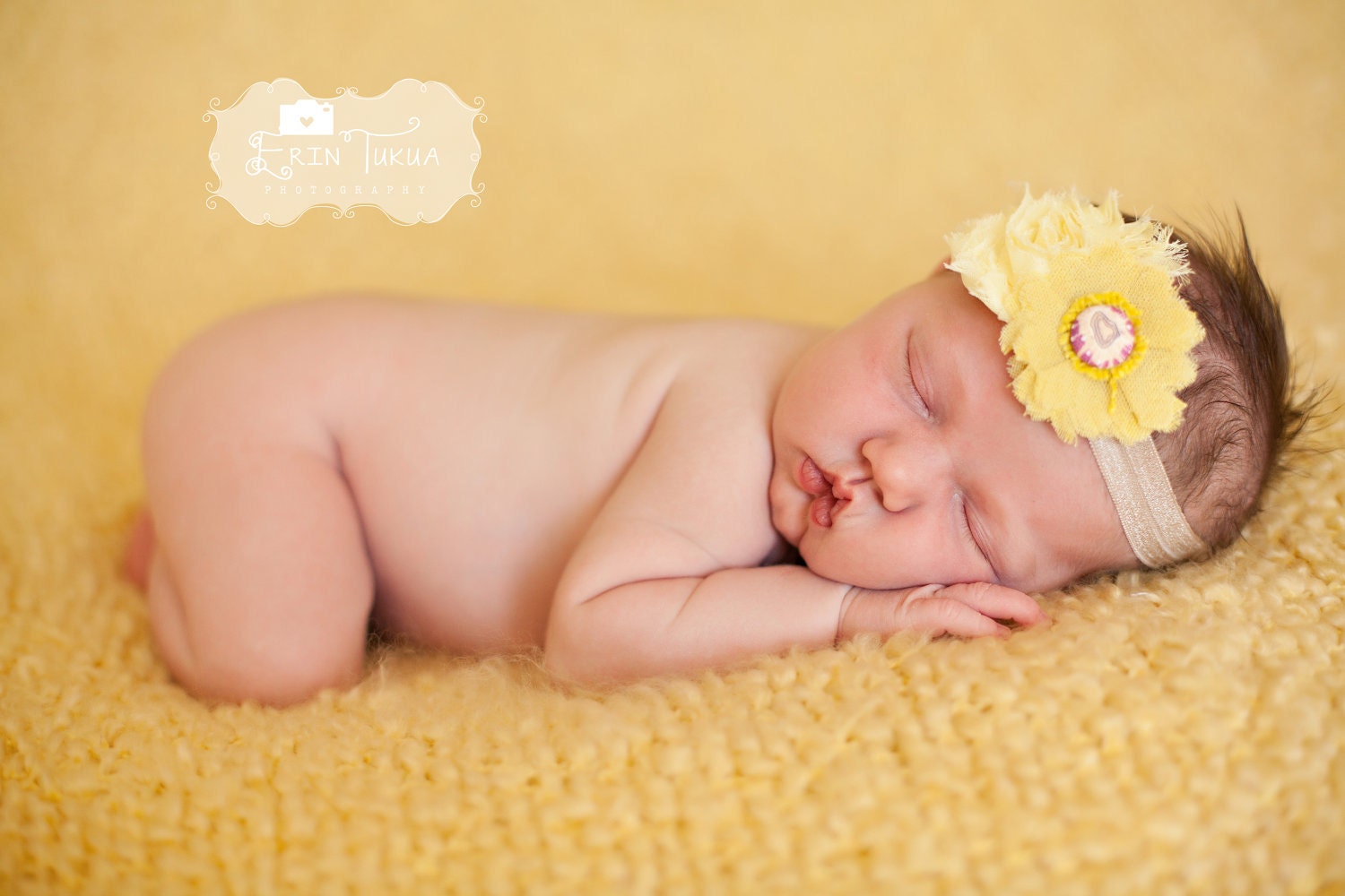 Golden Yellow Layered Tulle Flower with Printed Light Pink Button Center & Light Yellow Shabby Chic Chiffon Rosette Flower - Easter/Spring