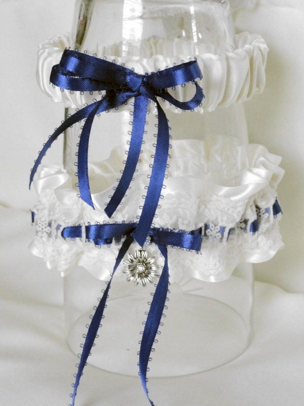 Antique Ivory Satin Garter Set-Ivory Lace Overlay-Royal Blue Ribbons-Bride Garter-Something Blue