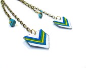 Chevron and Turquoise Chunk Earrings, Shrink Plastic, Blue, Green, Yellow, Boho, Southwestern, Geometric, Long, Chain, Wearable Art