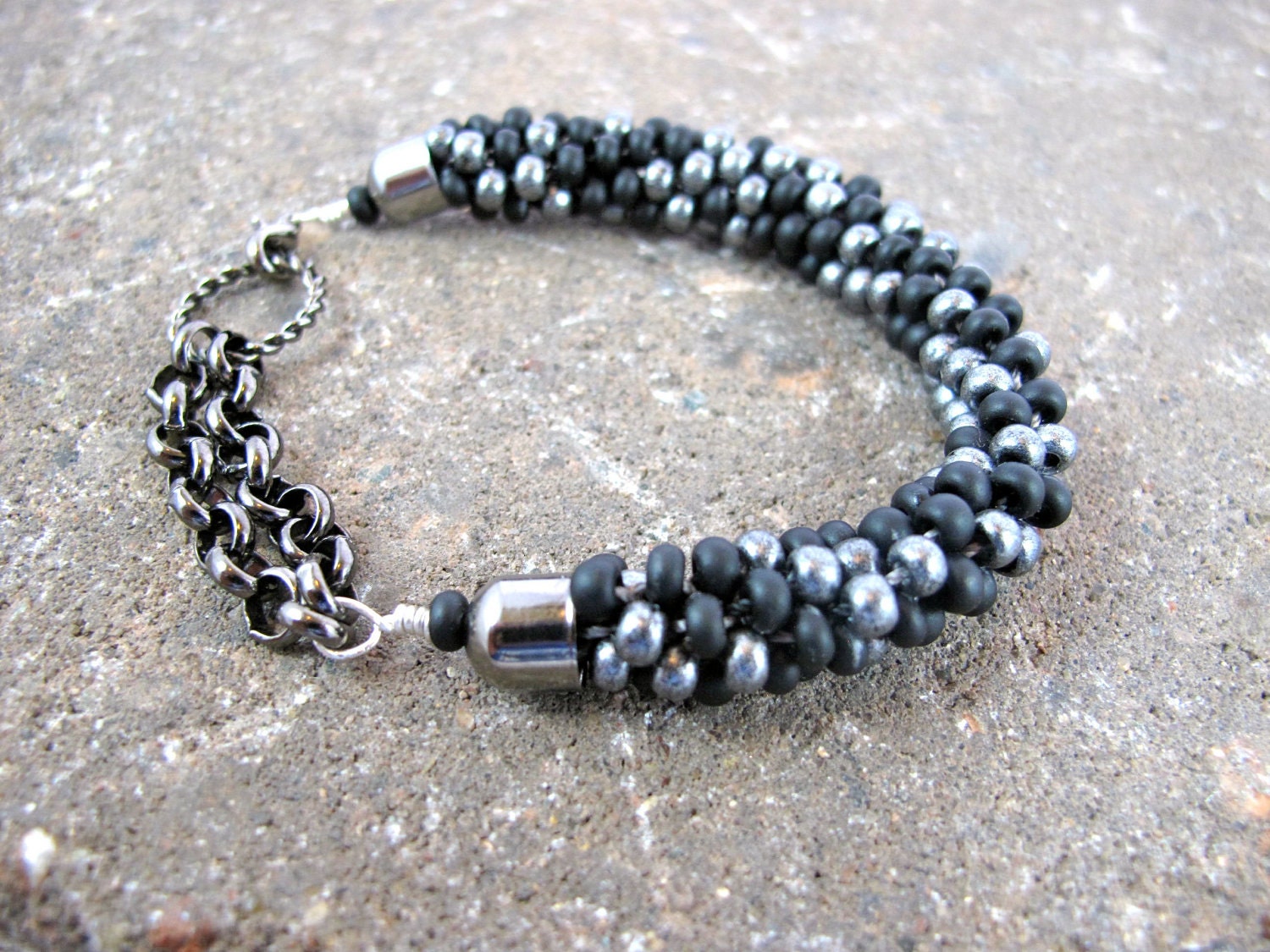 ON SALE - Black and Steel Beaded Kumihimo Bracelet with Gunmetal Chain - Cloudy Skies