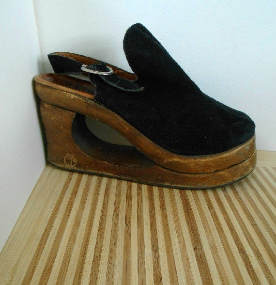 Italian 70s Disco Platform Solid Wood Leather Shoes - Size 38 Size 7.5