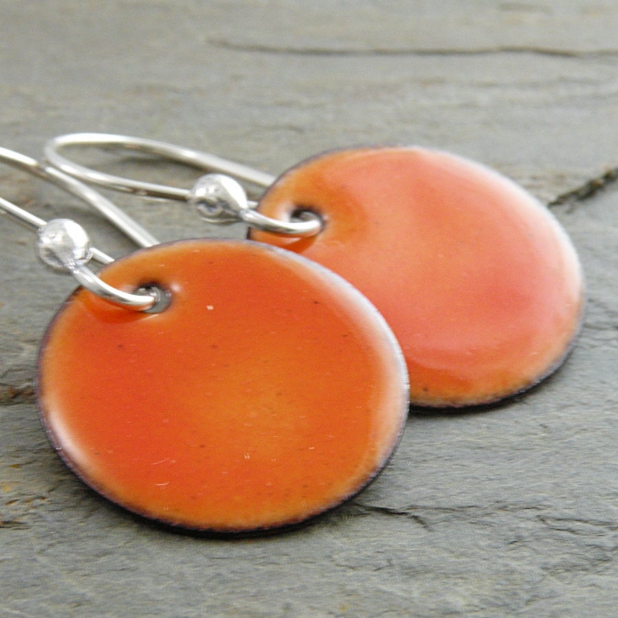 Tangerine Orange Enamel Earrings, Round, Circle, Torch Fired Copper, Sterling Silver, Rustic