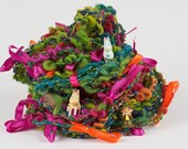 Handspun Art Yarn, Green Merino with ribbons, boucle style. Magical Moomin Forest.