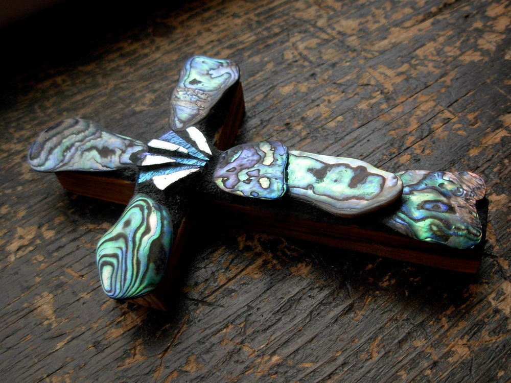 Silver Smalti and Mother of Pearl Olive Wood Confirmation Cross