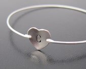 Heart Personalized Custom Initial Bangle Bracelet - Silver - Handstamped Jewelry, Initial Charm Bracelet