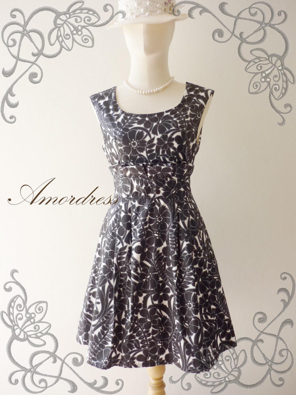 NEW--Amor Vintage Inspired- Darling Dress-Adorable Black Floral in Wonderland Cotton Dress for Any Occasion-Fit S-M-
