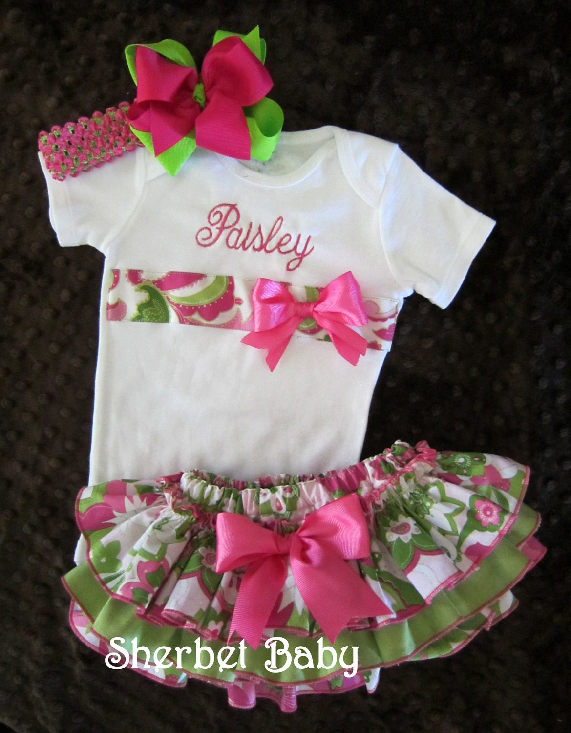 Sassy Pants Ruffle Diaper Cover Panty and Monogrammed Ribbon Bow Bodysuit Pink and Green Optional Hairbow