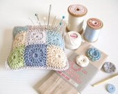 crochet pincushion... Mabel - shabby chic blue, beige, grey and green ...MADE TO ORDER