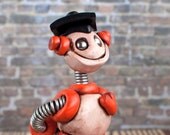 Graduation Grungy Robot Sculpture - Orange Olie GEEK GRAD GIFT Clay, Wire, Paint