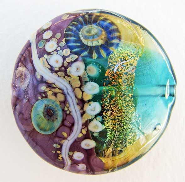 Handmade Violet and Teal Lampwork Glass Lentil Focal Bead with Dichroic and Double Helix Silver Glass Murrini SRA ISGB LE