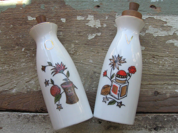 Vintage Oil and Vinegar Japan Ceramic Set with Wood Stoppers
