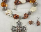 Cross Chunky Necklace Brown White Turquoise Magnesite