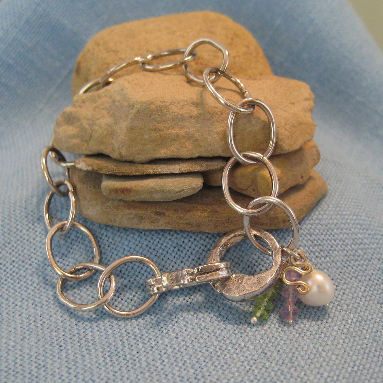 Handmade Sterling Silver Chain Bracelet Amethyst Peridot Pearl Gold Charm Bracelet Heavy Link Bracelet JJDLJewelryArt