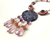 Copper polymer clay necklace purple OOAK wire wrapped indian mandala oriental statement jewelry - VeraNasfa