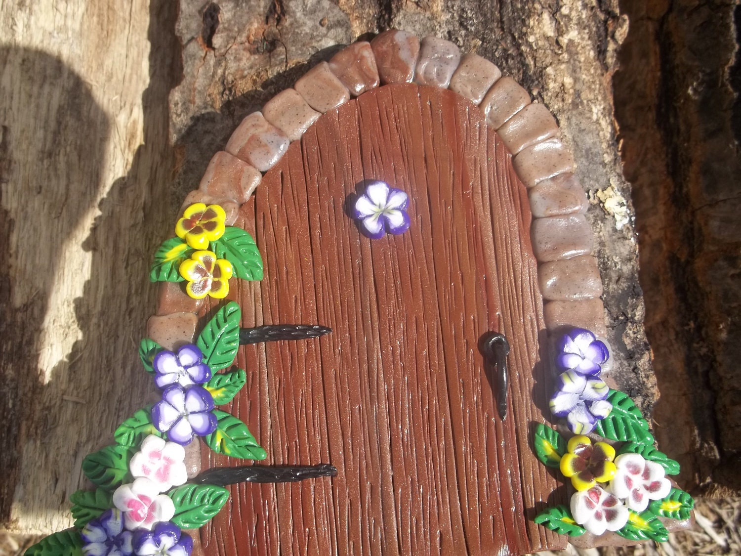 Fairy door faux wood and pansies and violets with green leaves made with polymer clay - smalloldthings