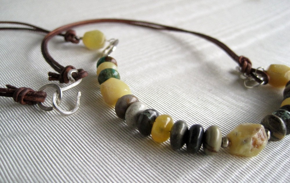 Natural Stone Necklace Turquoise Wood Opal Leather Silver Heart
