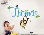 Monkey wall decal with name and little birds for girl or boy nursery.