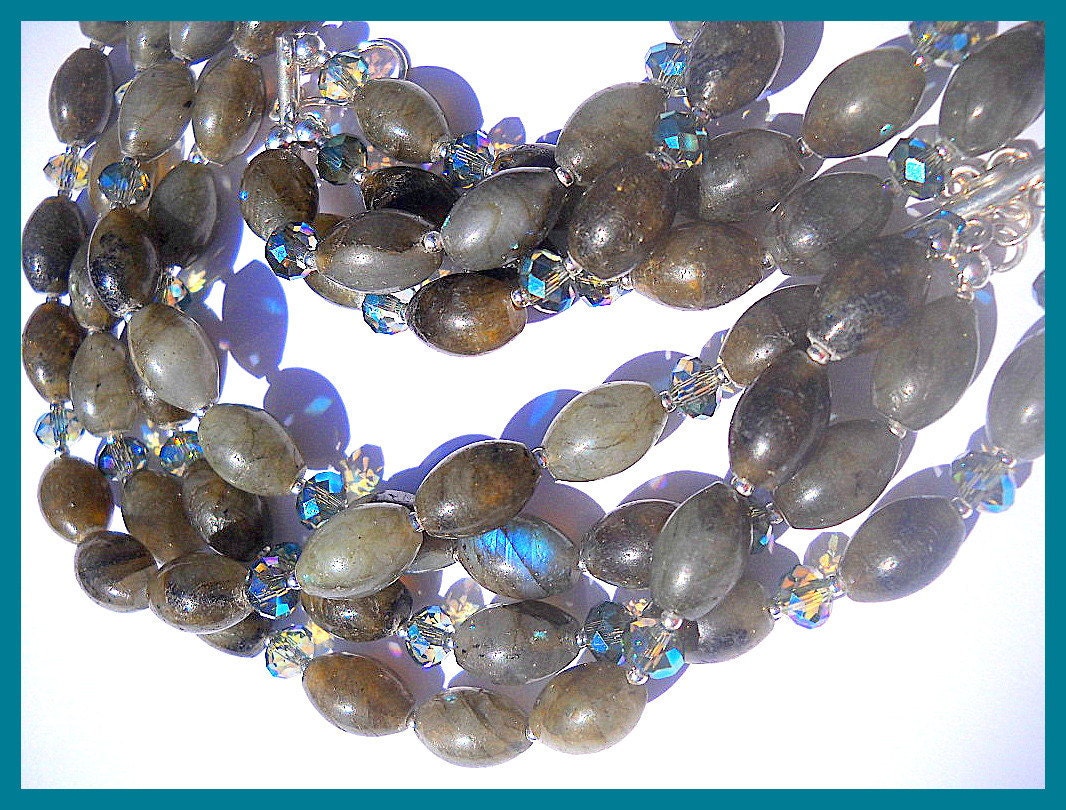 Labradorite Triple Strand Necklace - Sterling Silver - Adjustable Length - AB Crystals