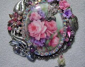 Shabby Pink Roses Cameo Pin Brooch/Pendant NEW BIG OOAK By Caroline Erbsland Signed