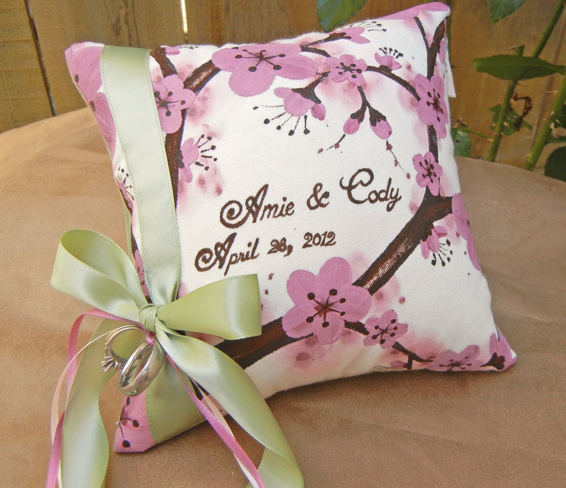 Personalized Ring Bearer Pillow with Hand Painted Cherry Blossoms in Sage, Pink and White