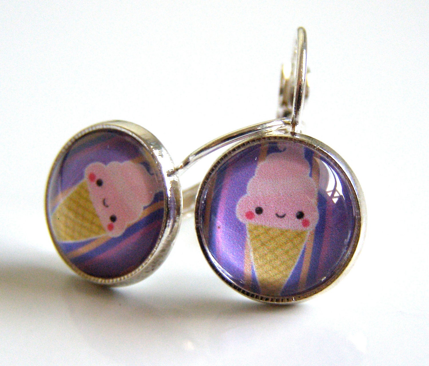 Ice Cream Cone Earrings - glass, silver, Kawaii, purple, pink, stripes