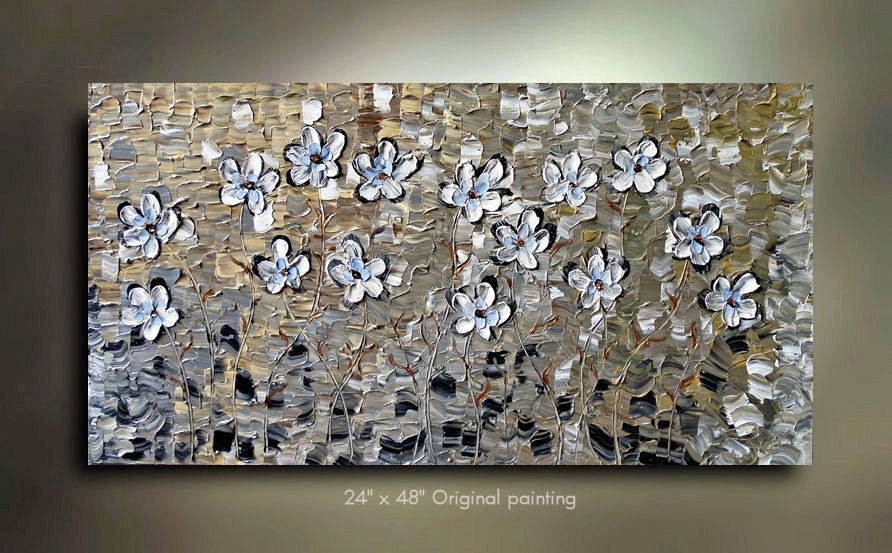 ORIGINAL White Flower Painting Abstract Landscape Artwork Flowerscape Heavy Textured 48x24 Modern Contemporary art by OTO
