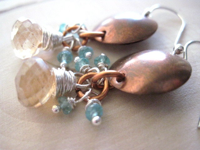 Apricot Quartz Earrings, Onion Briolettes, Apatite Rondelles, Sterling Silver, Bronze, Wire Wrapped