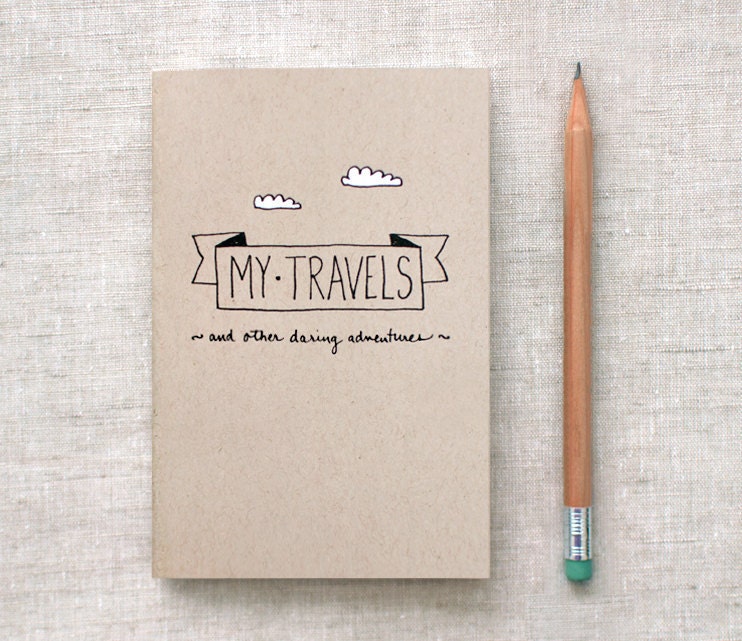 Travel Journal, Eco Friendly Pocket Size Sketchbook - Hand Drawn, My Travels & Daring Adventures, White Painted Clouds