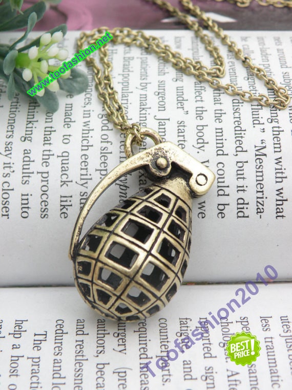 Pretty retro copper hollow carved 3d grenade necklace pendant jewelry vintage style