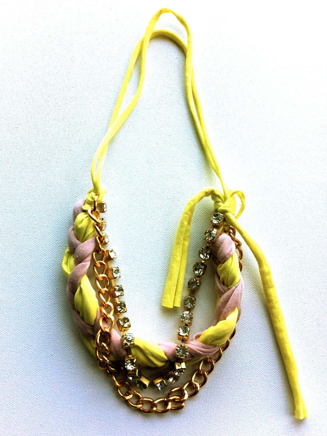 Rich Bitch Braided Knit Necklace - soft fluorescent yellow & dusty pink with BEAUTIFUL Chunky rhinestones and Gold Plated chain links