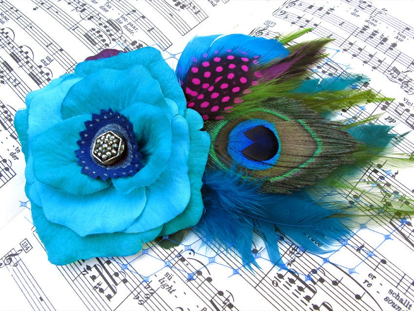 Feather Fascinator turquoise Rose Antique Button hair clip - GwendolyneHats