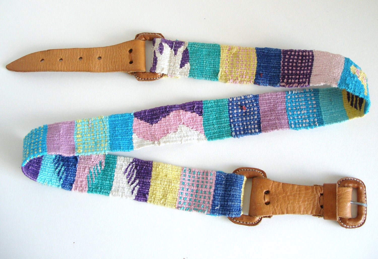 Vintage Leather & Handwoven Belt Geometric Pastel