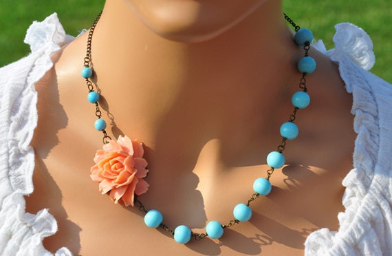 Tangerine Necklace Cabbage Rose Asymmetrical Necklace Light Blue Wedding Spring Mother's Day Gift