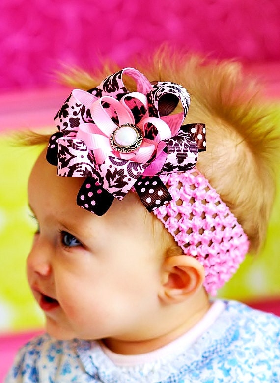 baby hair bow...cute pink and brown damask flower Clip and headband...lovely newborn hairbow for infant, toddler and little girls..baby bow