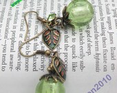 Pretty retro copper green glass bead with leaf pendant earrings vintage style