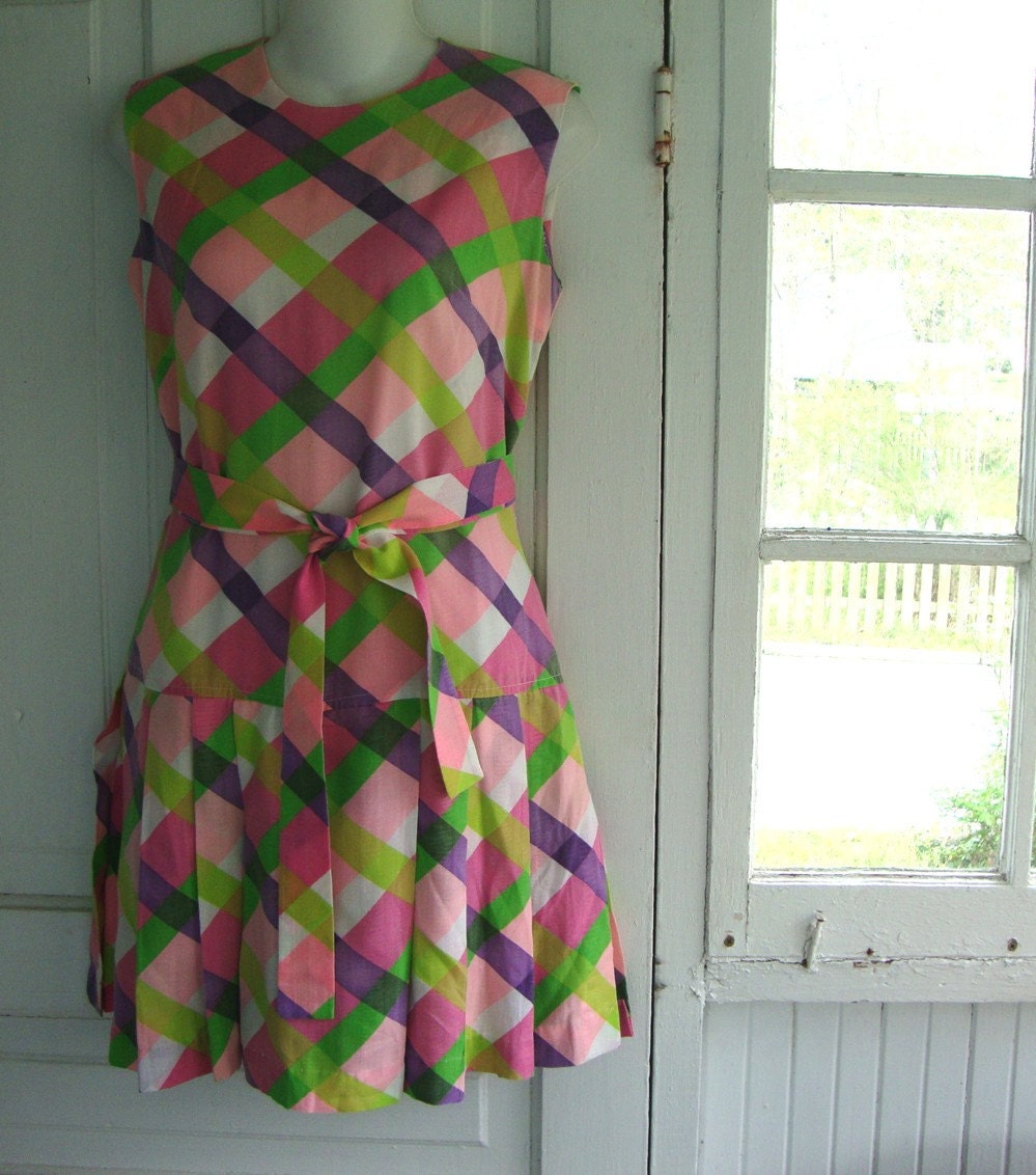 Vintage 1960s Pink and Green Plaid Scooter Dress