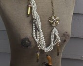 She Was The Deadliest Assassin. Chunky Bold Statement Necklace Vintage Pearls, Toy Pistol, Bullet shells, smoky quartz , skeleton key