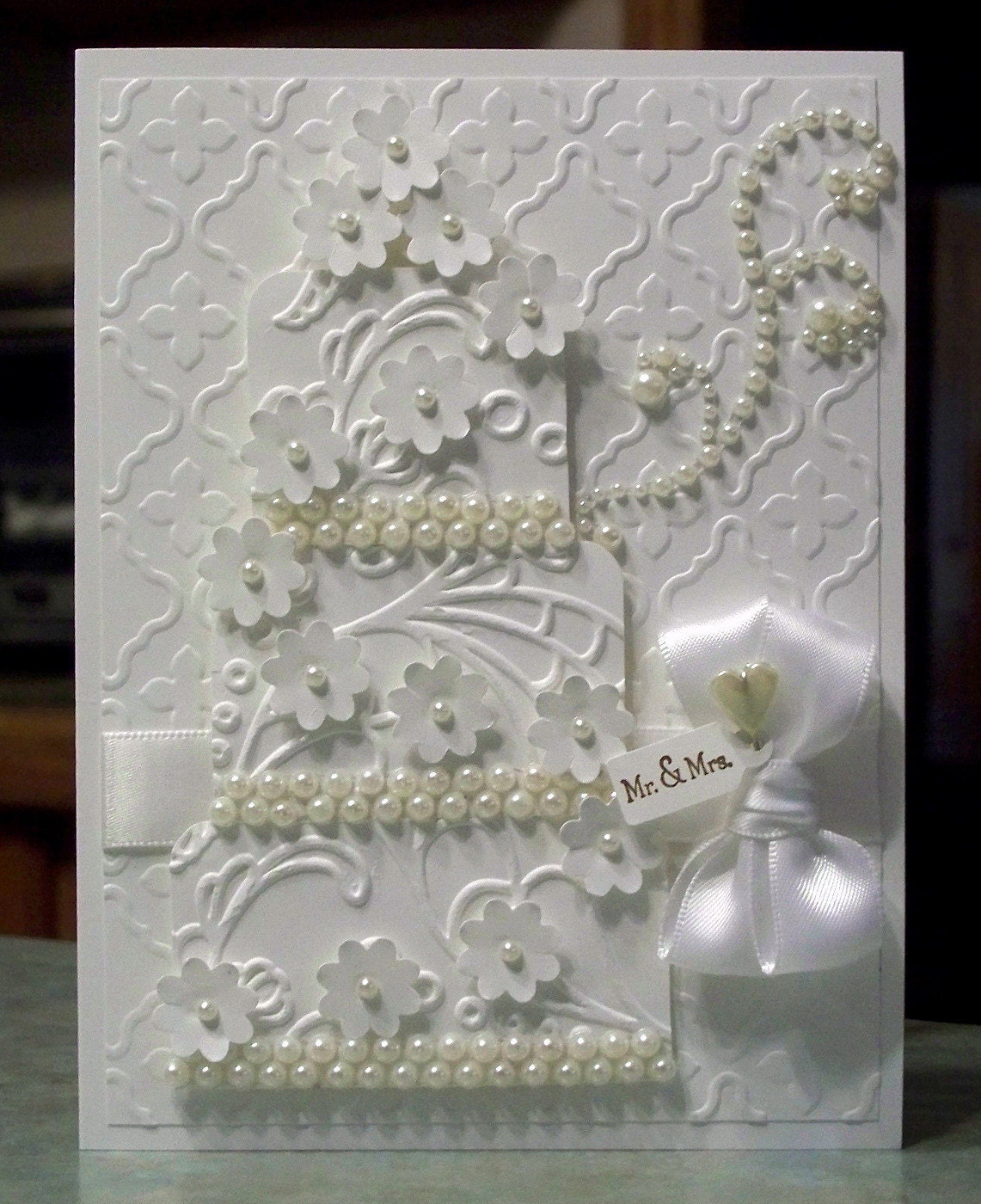 Wedding Card, White on White Embossed Three Tier Cake