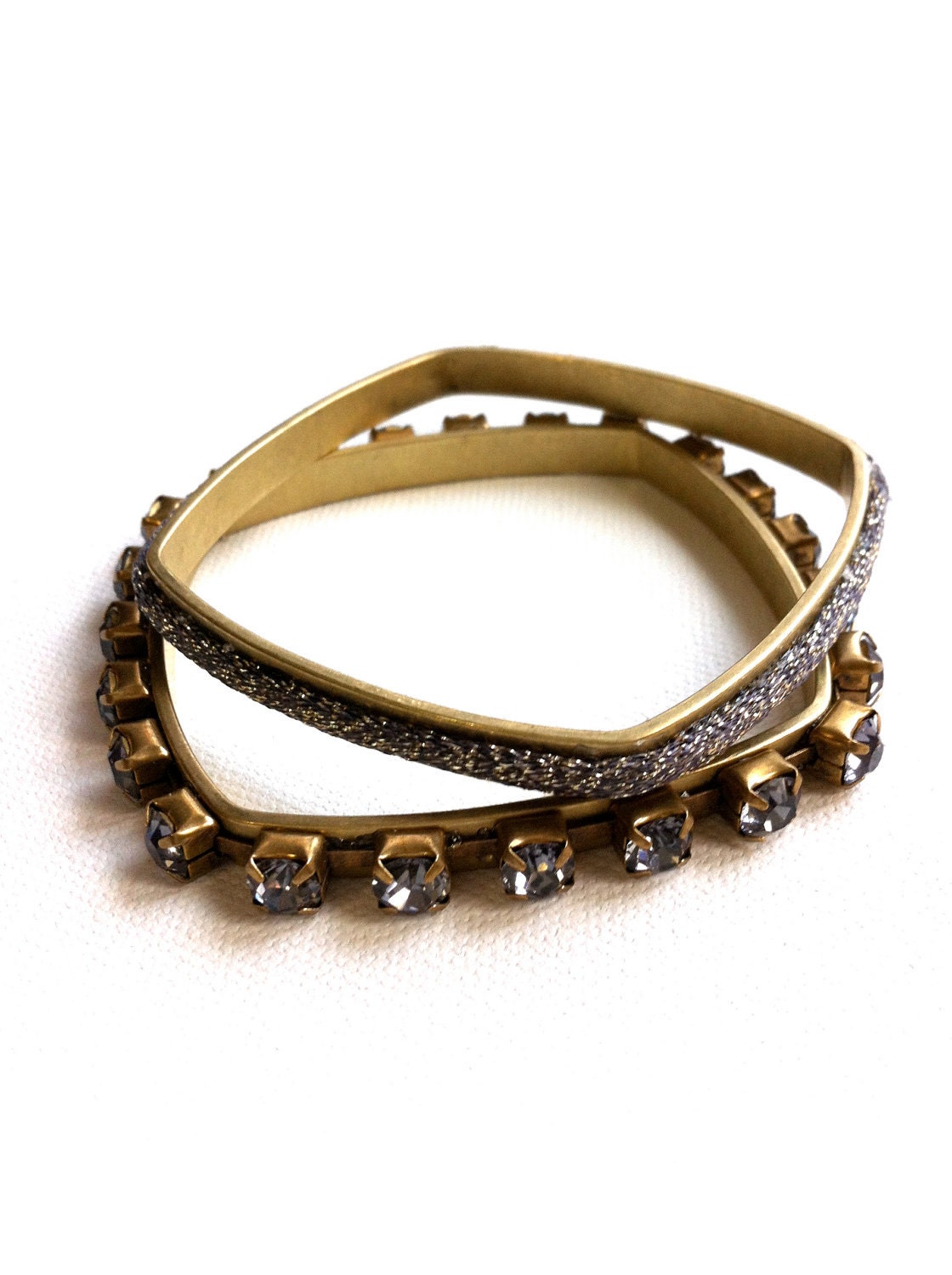 Sparkle Square Bangle Set - Grey/Smoke & Gold - 2 - Lurex Cord, Smoke Rhinestones on Brass Gold Bangles