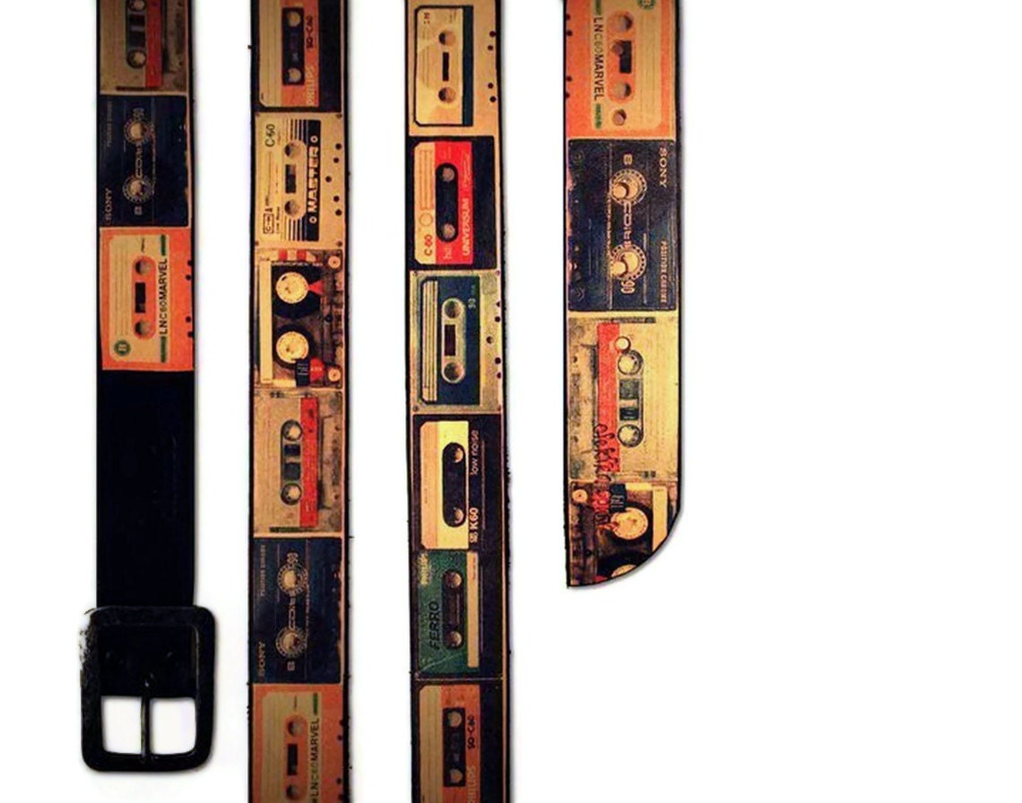 Handmade leather belt /  CASSETTE TAPE (black) / Printed black belt / Gift for her / Gift for him - BackbeatLeather