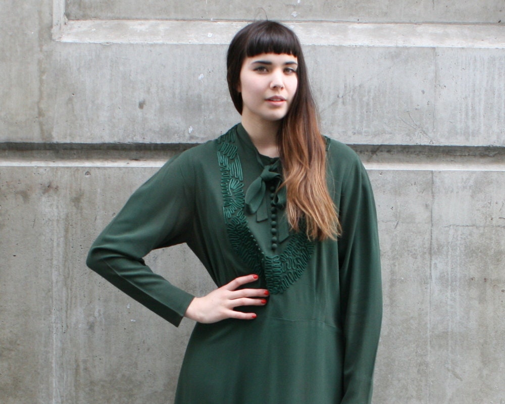 30s ABSINTHE GREEN Dress - Drop Waist with Cord Detail medium / large