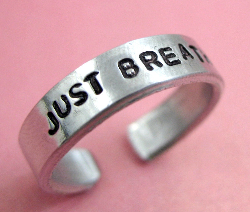Just Breathe - Hand Stamped adjustable, stackable aluminum skinny ring - customizable