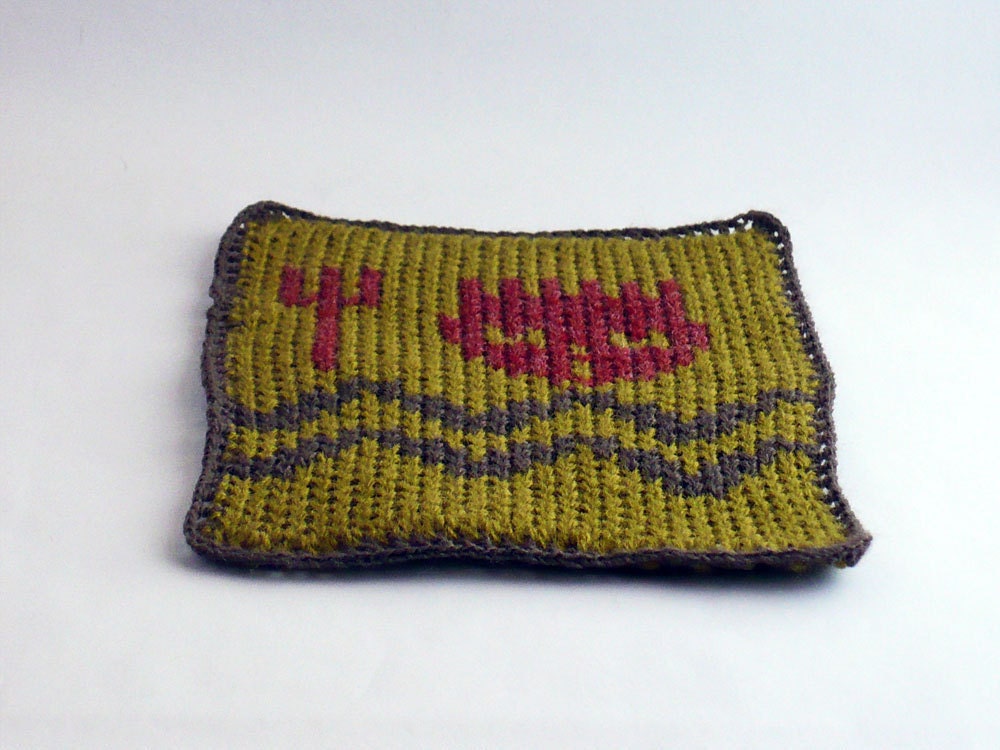 Knit and Crochet Coaster Personalized Aquarius Zodiac Mug Rug Olive Green Rust Brown