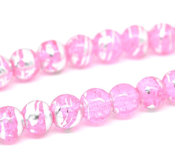 60 Beautiful Pink and Silver Crackle Glass Beads, size 8mm.  Ships today from the USA.