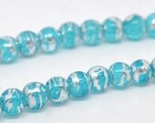 60 Beautiful Teal and Silver Crackle Glass Beads, size 8mm.  Ships today from the USA.