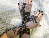 Elegant gloves mittens with vintage floral pattern - Arm Warmers pink polka dots Yoga Gothic Dark victorian retro blue flower