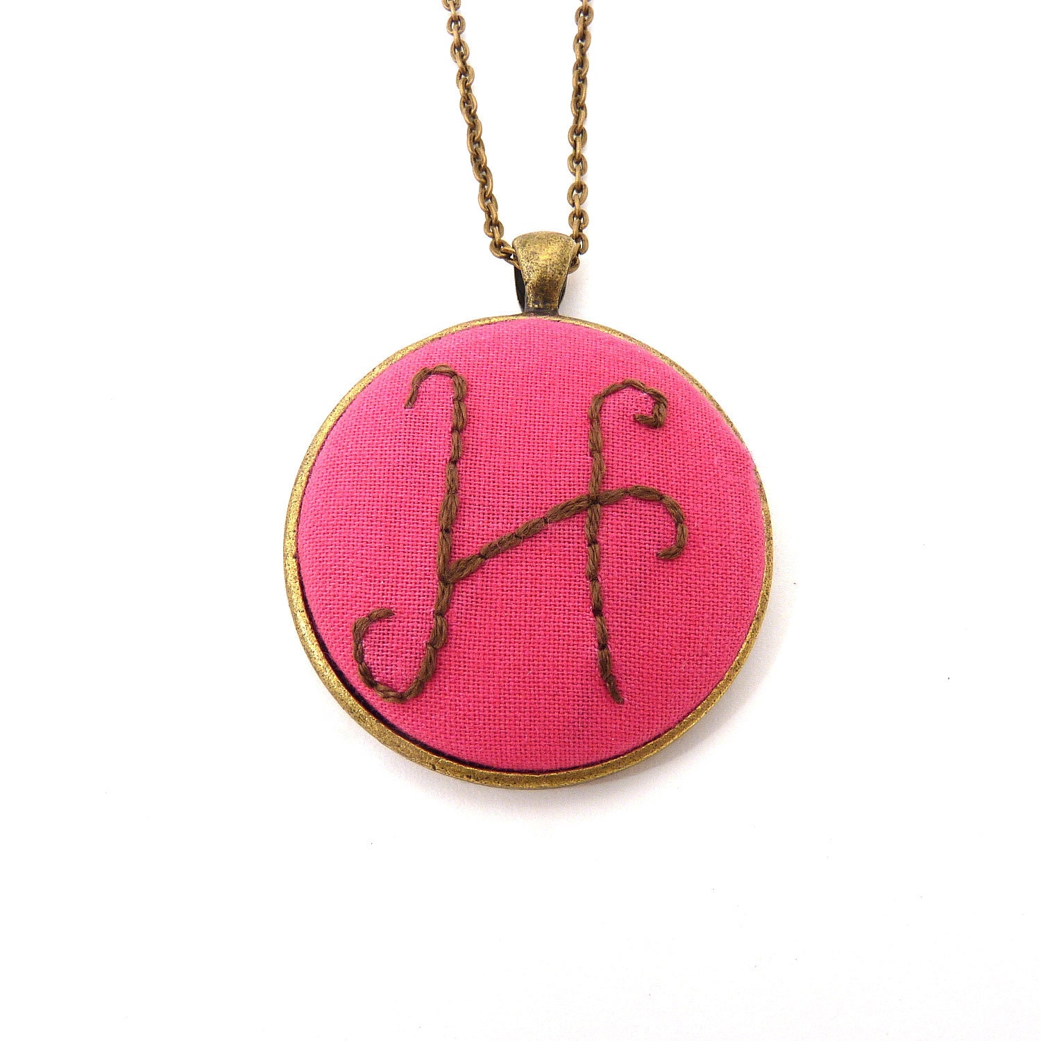 Wedding Jewelry Custom Initial Monogram Hand Embroidered Bridesmaid Statement Necklace Pink & Brown