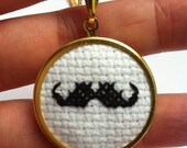 Gentleman's Black Moustache Cross Stitch Necklace in White and Gold